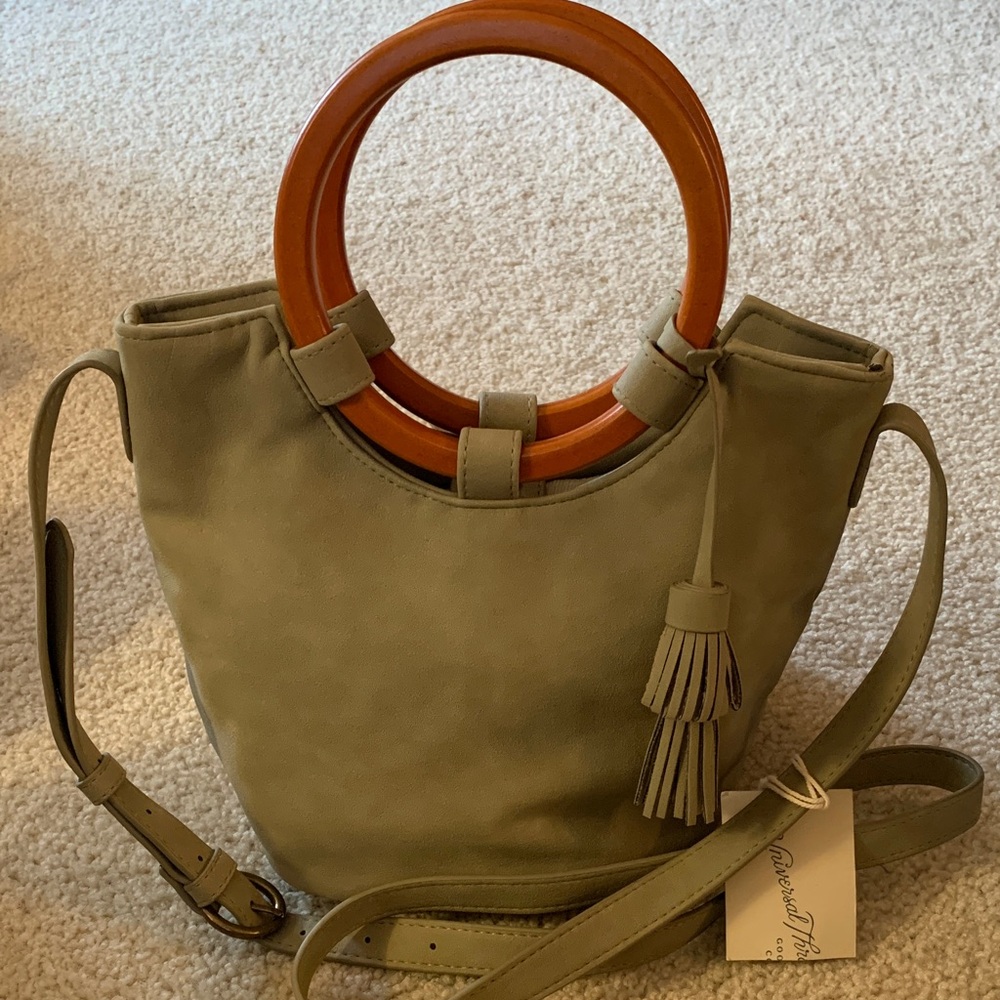 Universal Thread Sage Green Faux Suede Crossbody Handbag with Wooden Handles NWT